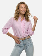 Women's Textured Striped Blouse with Ruffle Details