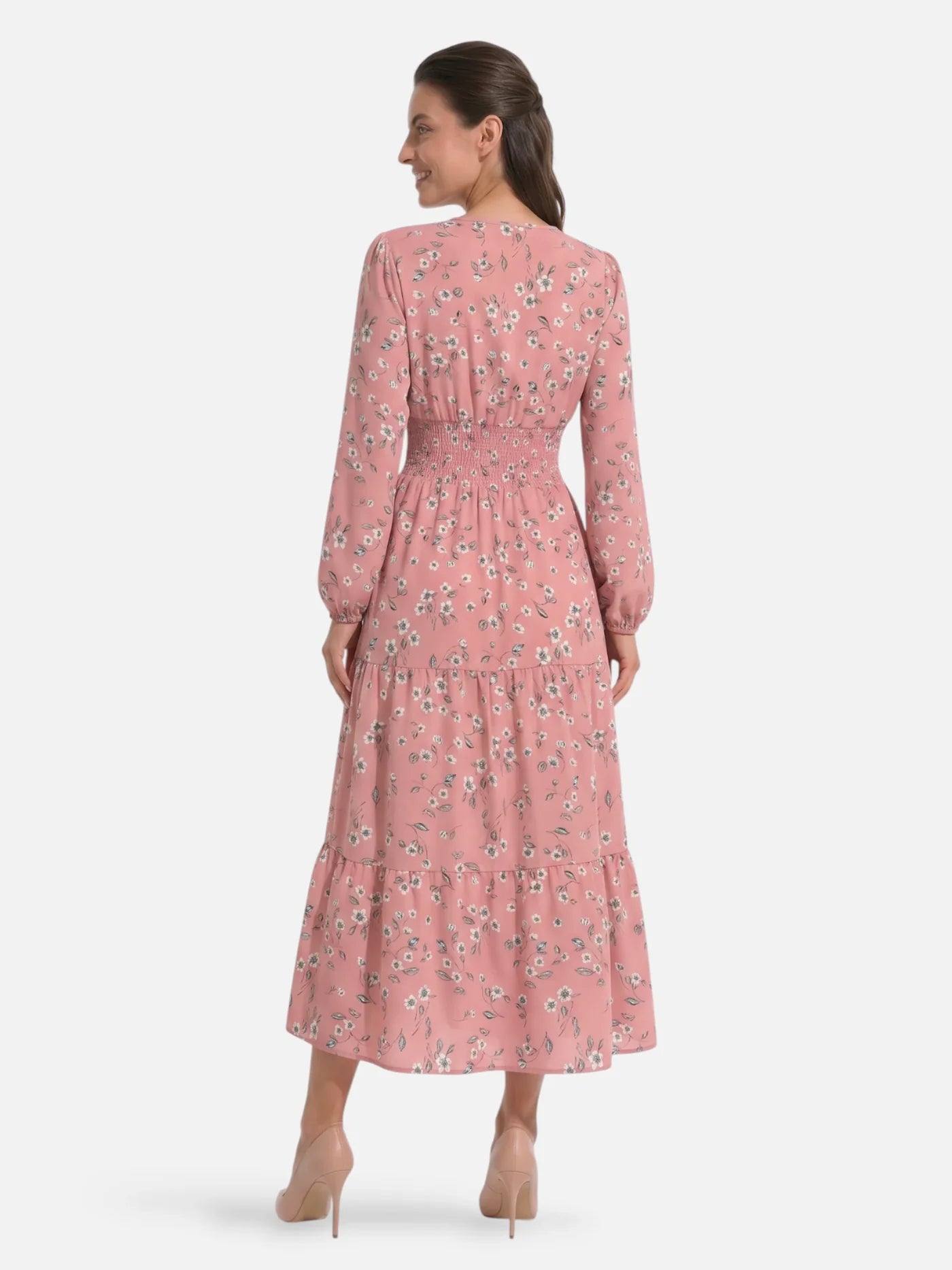 Women's Floral Midi Dress with Long Sleeves and Smocked Waist