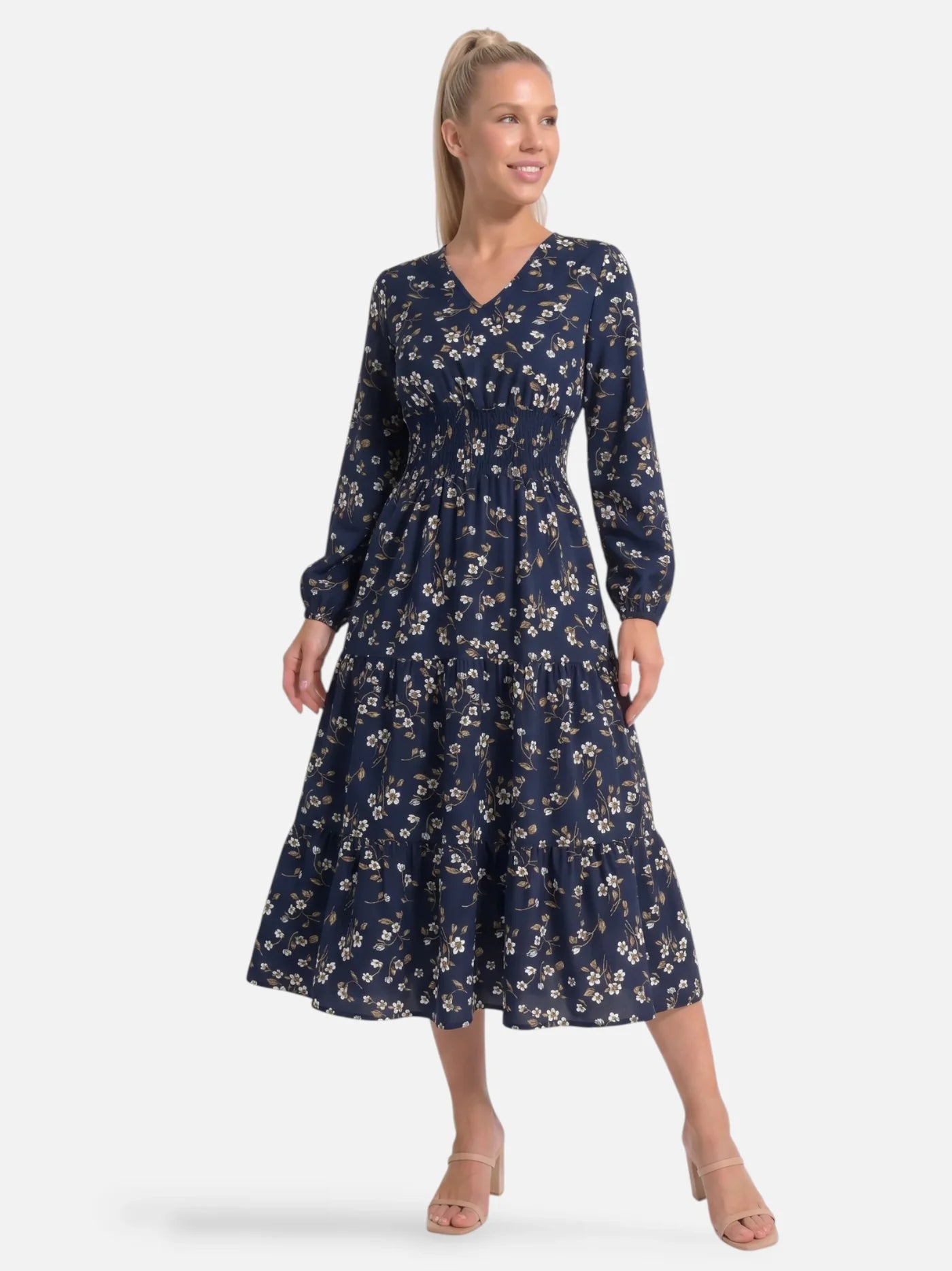 Women's Floral Midi Dress with Long Sleeves and Smocked Waist