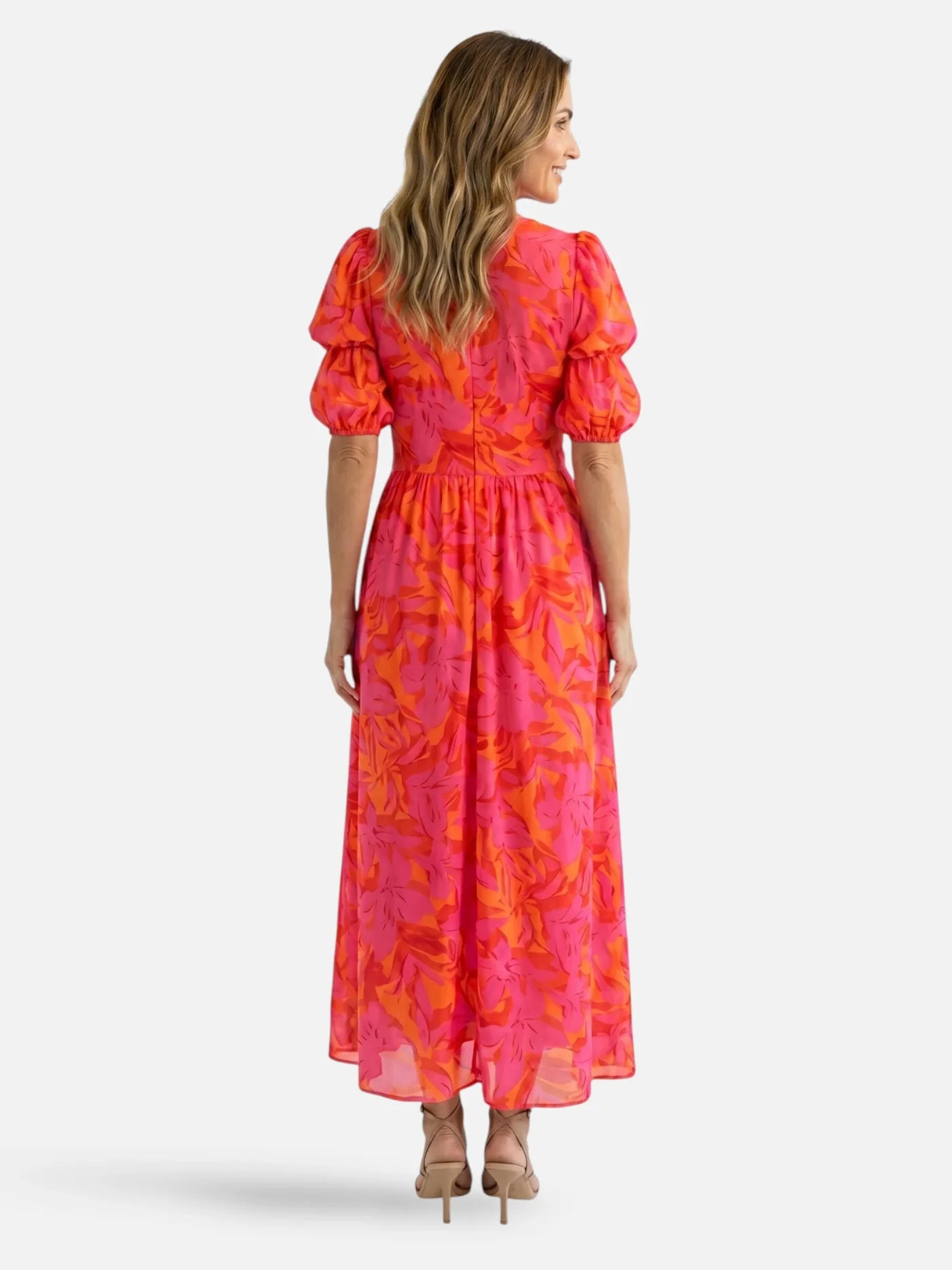 Women's Floral Maxi Dress with Deep V-Neck and Puff Sleeves