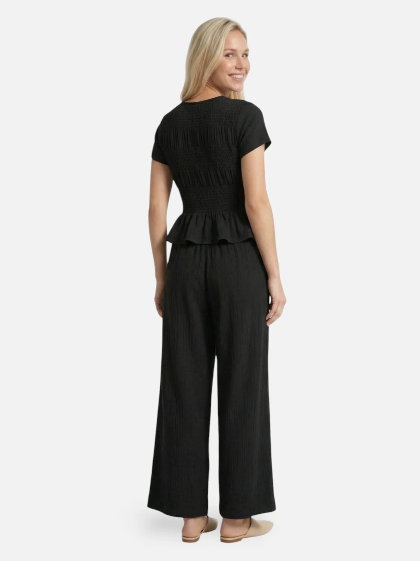 Women’s Textured Matching Set with Short Sleeve Top and Wide Leg Pants
