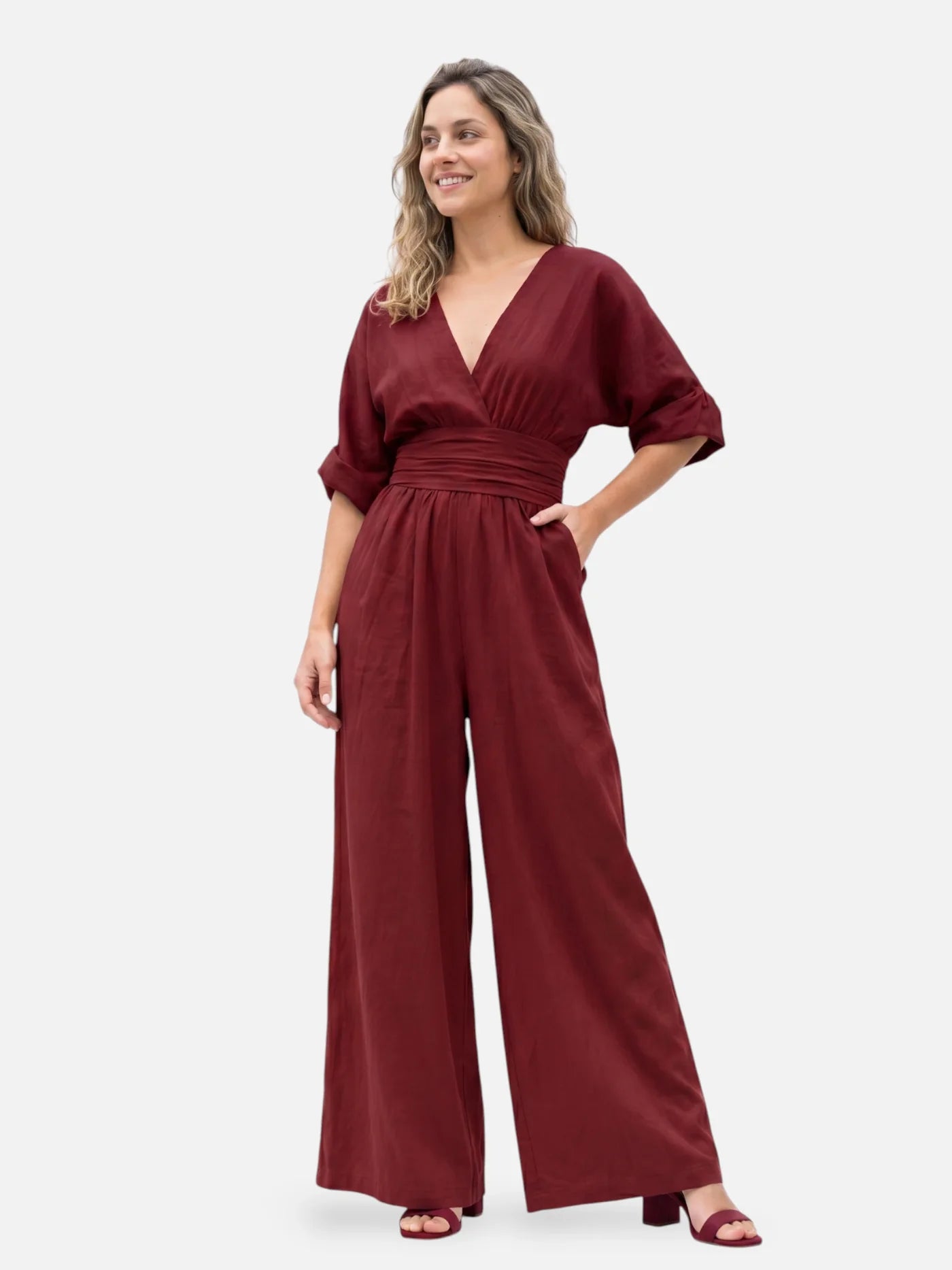 Women’s Wide Leg Jumpsuit – Elegant Wrap V-Neck Dressy One-Piece