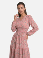 Women's Floral Midi Dress with Long Sleeves and Smocked Waist