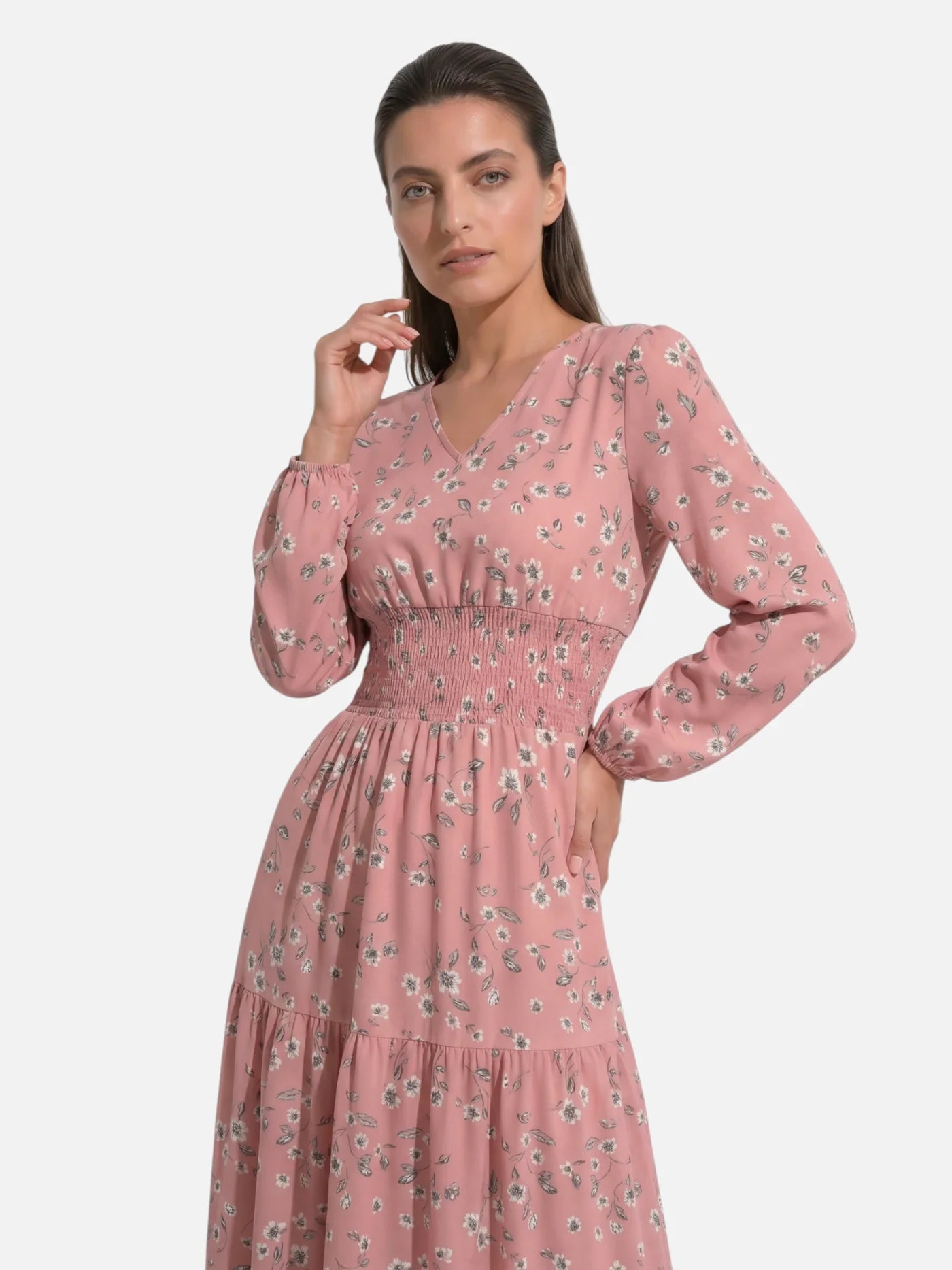 Women's Floral Midi Dress with Long Sleeves and Smocked Waist