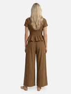 Women’s Textured Matching Set with Short Sleeve Top and Wide Leg Pants