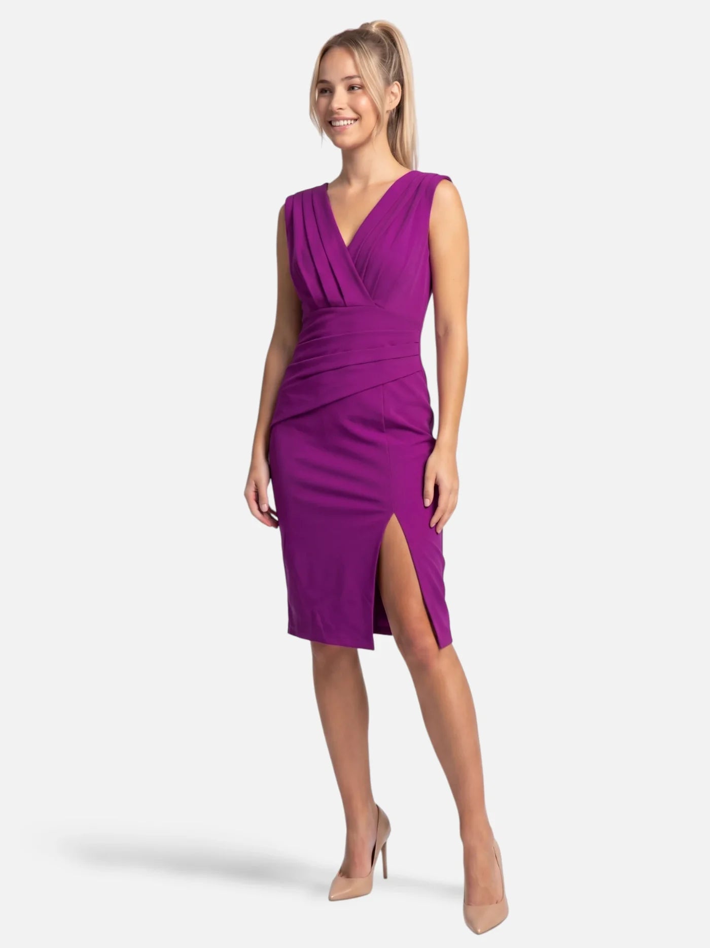 Women's Draped V-Neck Bodycon Dress with Asymmetric Slit