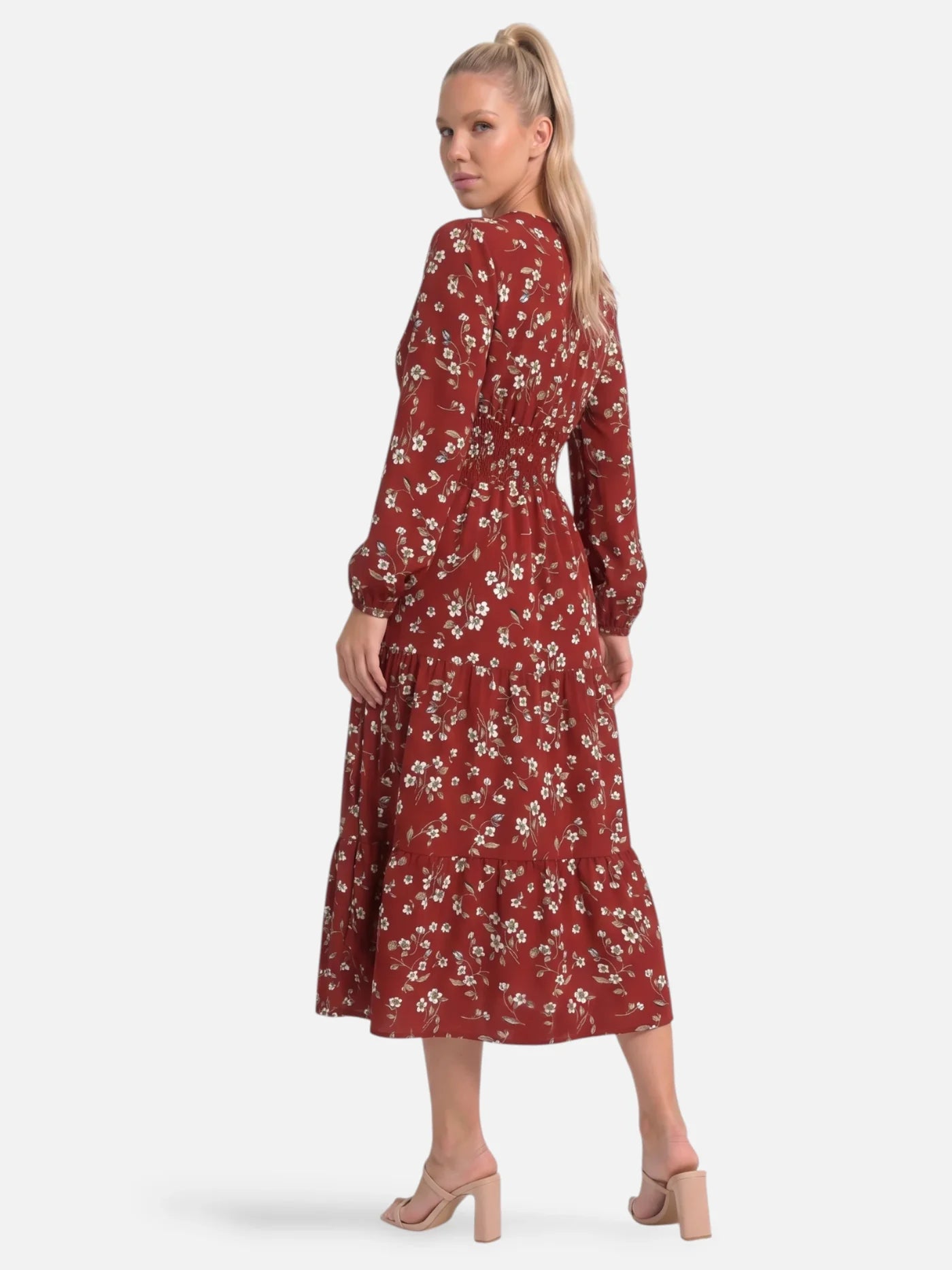 Women's Floral Midi Dress with Long Sleeves and Smocked Waist