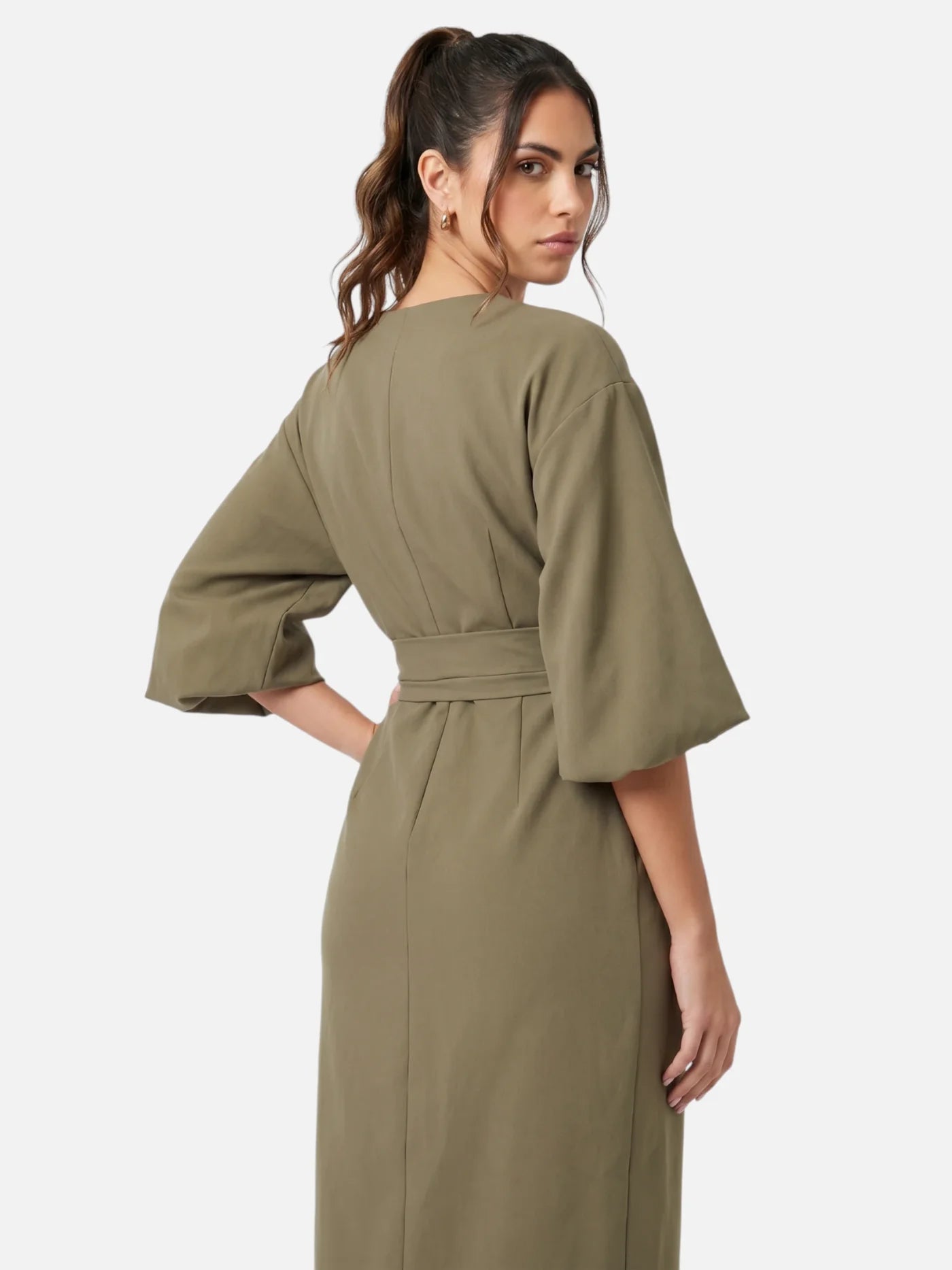 Women's Belted Midi Dress with Kimono Sleeves and Wrap Skirt