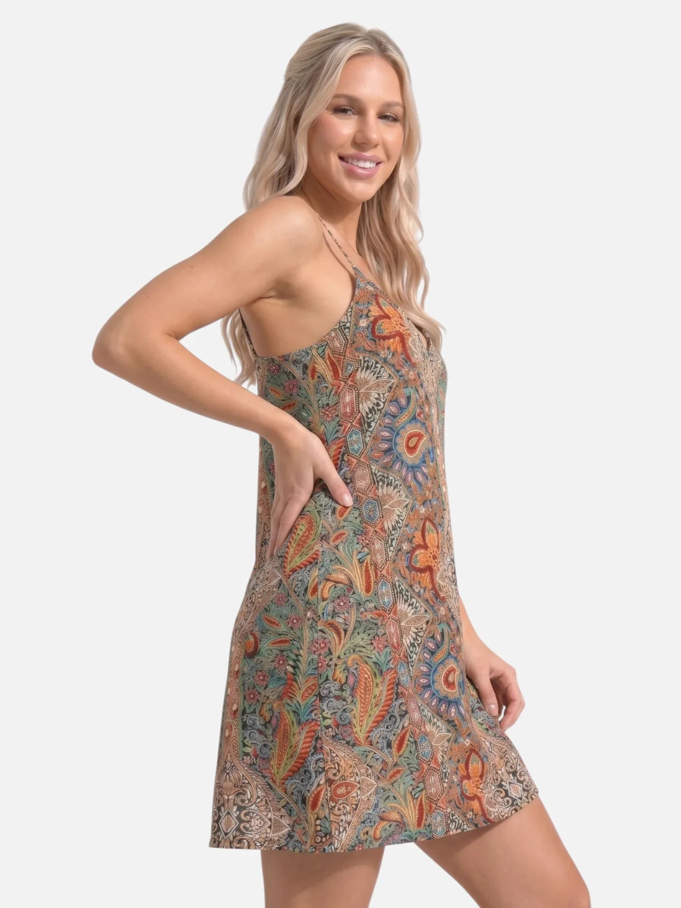 Women's Paisley Print Boho Mini Dress with Spaghetti Straps