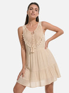 Women's Boho Mini Dress with Crochet Yoke and Tassel Trim