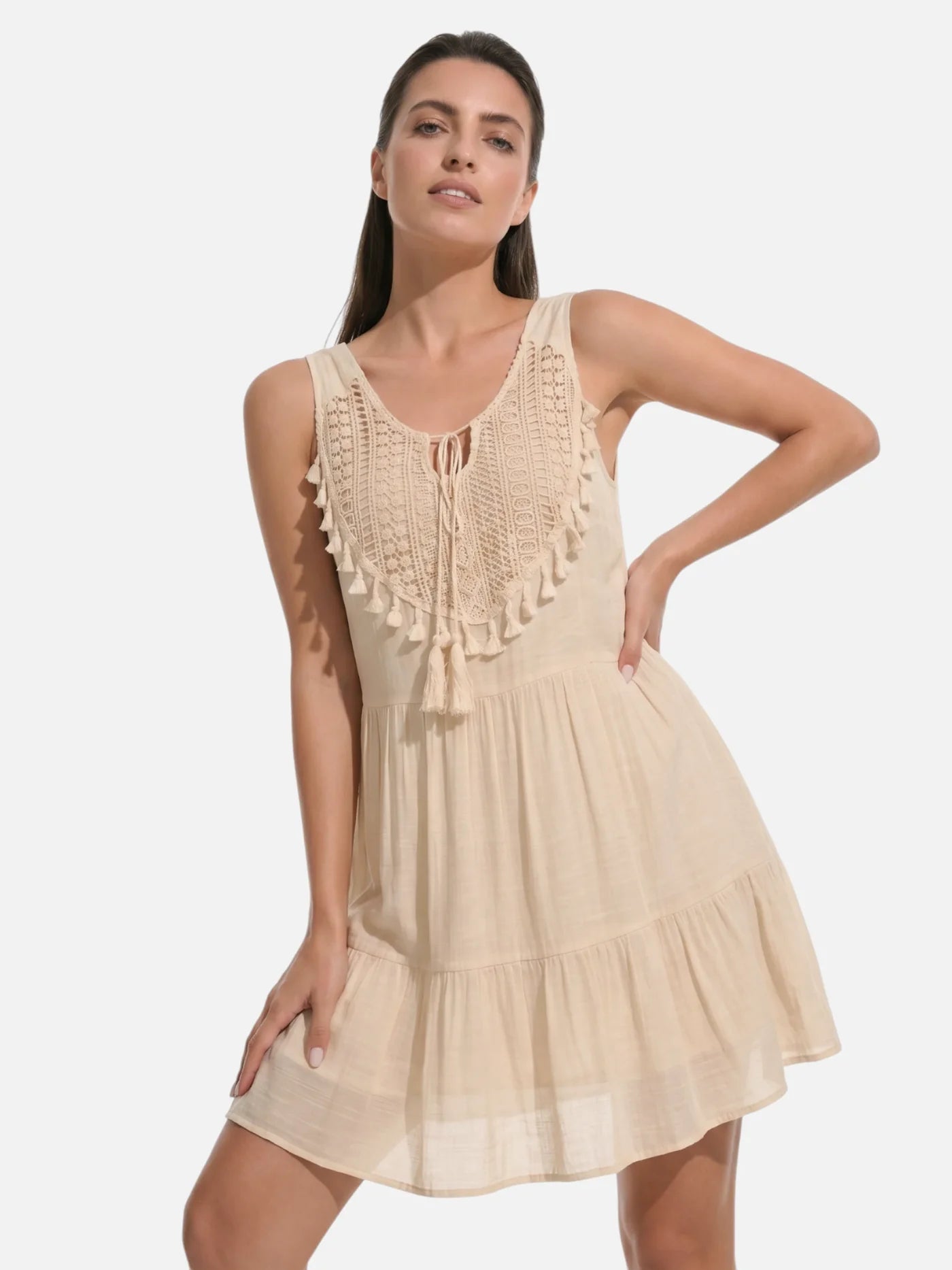 Women's Boho Mini Dress with Crochet Yoke and Tassel Trim