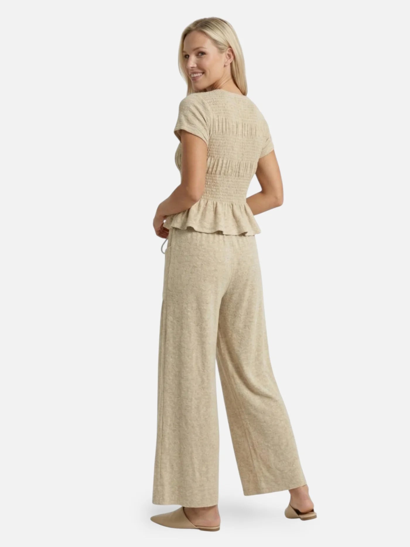 Women’s Textured Matching Set with Short Sleeve Top and Wide Leg Pants