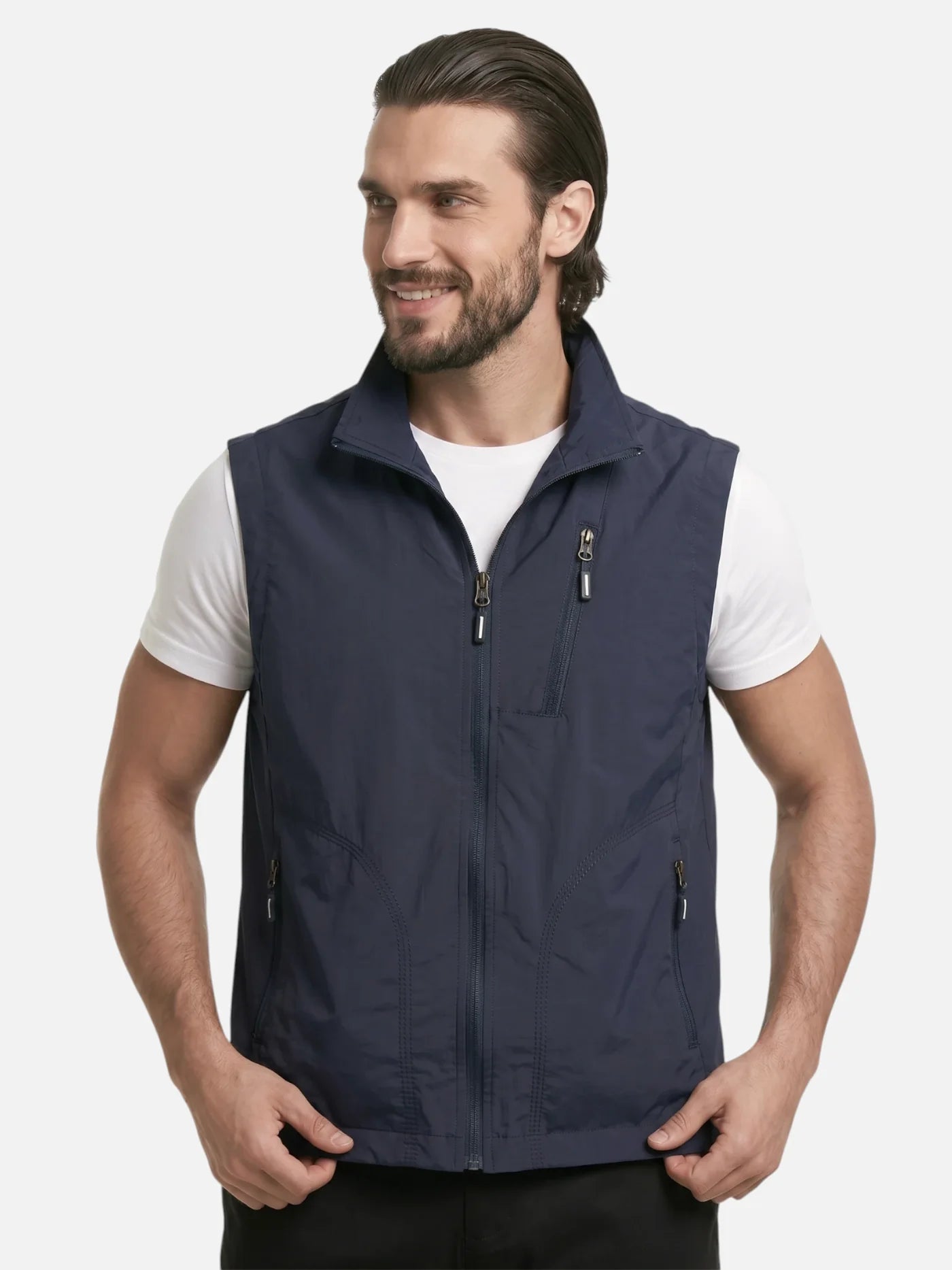 Men's Multi-Pocket Vest with Stand Collar