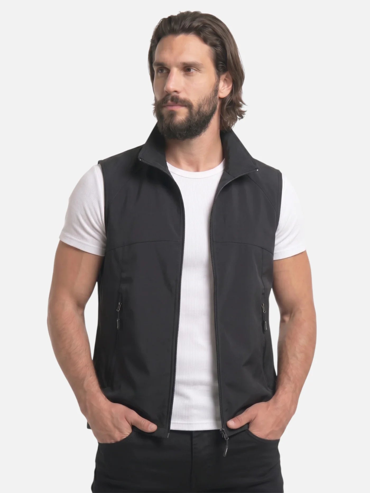 Men's Zip-Up Vest with Stand Collar and Zip Pockets