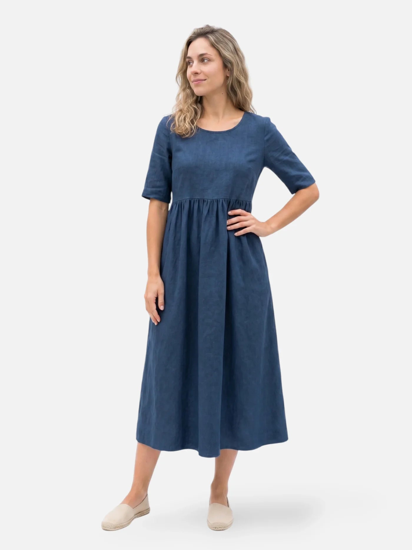Women's Midi Dress with Linen-Look, Short Sleeves and Pockets