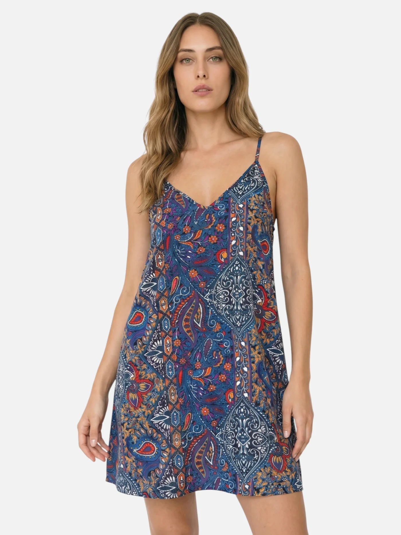 Women's Paisley Print Boho Mini Dress with Spaghetti Straps