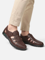 Men's Leather Fisherman Shoe with Velcro Strap and Cutout Detail