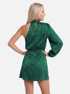Women's Satin One-Shoulder Mini Dress with Draped Mock Neck