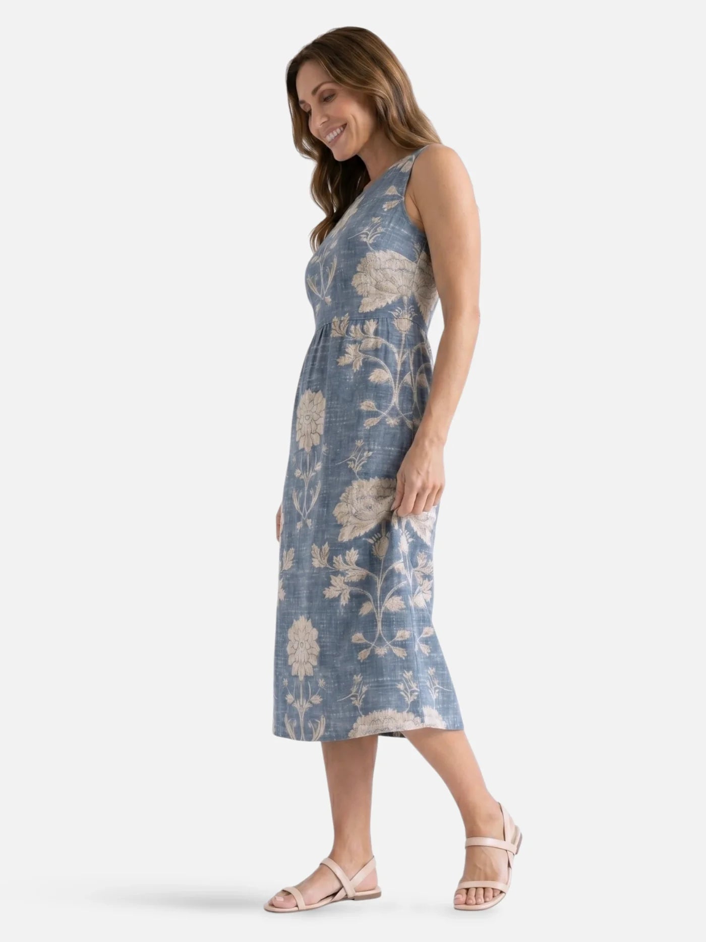 Women's Floral Print Sleeveless Midi Dress with Round Neck