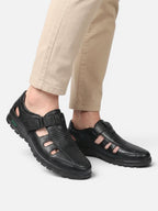 Men's Leather Fisherman Shoe with Velcro Strap and Cutout Detail