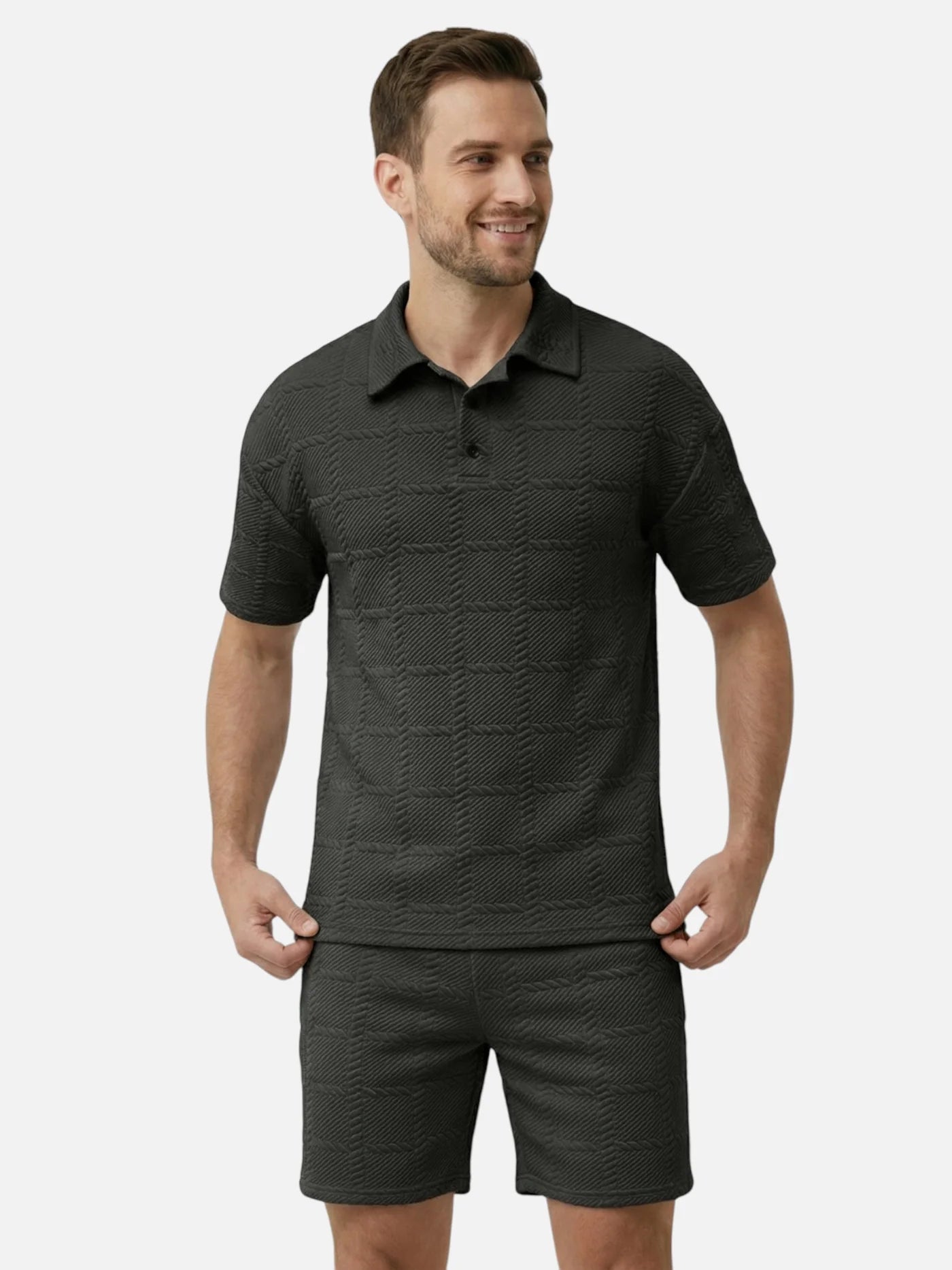 Men’s Textured Polo & Shorts Matching Set – Short Sleeve Summer 2-Piece Outfit