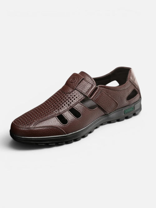 Men's Leather Fisherman Shoe with Velcro Strap and Cutout Detail