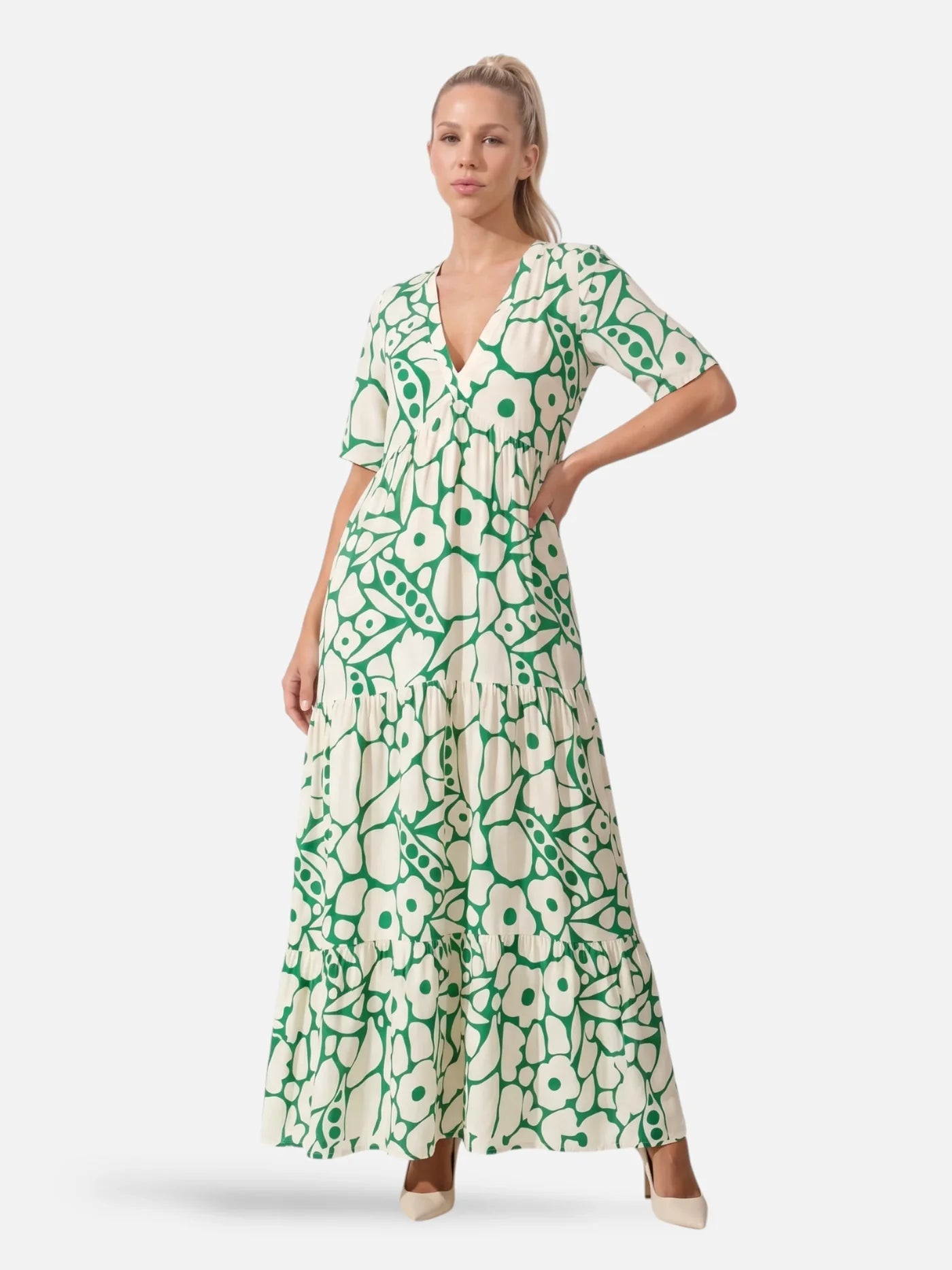 Women's Floral Maxi Dress with V-Neck and Tiered Ruffle Skirt