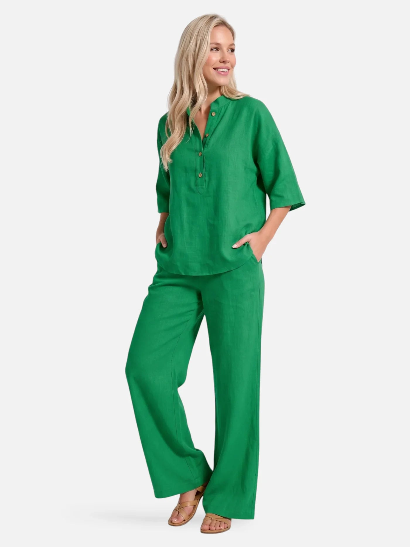 Women’s Matching Set – Relaxed Wide Leg Pants & Button Blouse Set
