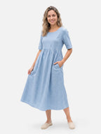 Women's Midi Dress with Linen-Look, Short Sleeves and Pockets