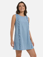 Women's Sleeveless Dress with Vertical Ruffle Trim and Pockets