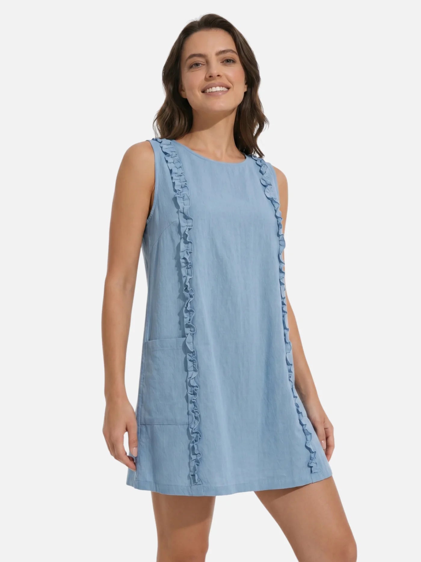 Women's Sleeveless Dress with Vertical Ruffle Trim and Pockets