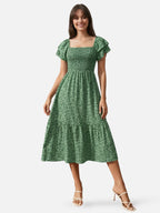 Women’s Floral Midi Dress with Smocked Waist and Ruffle Sleeves