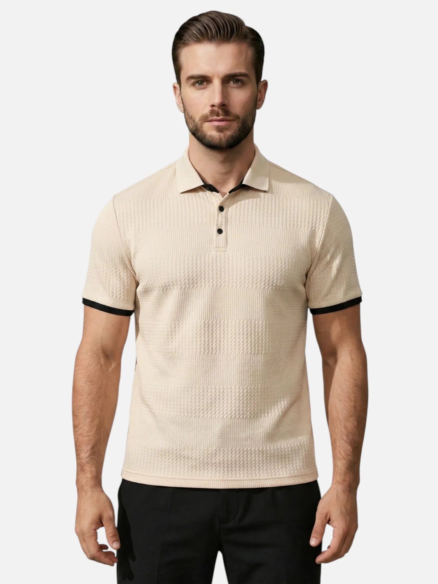 Men’s Textured Polo Shirt with Contrast Trim – Modern Fit Short Sleeve Polo