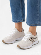 Women's Beige Sneakers with Leopard Print Accents