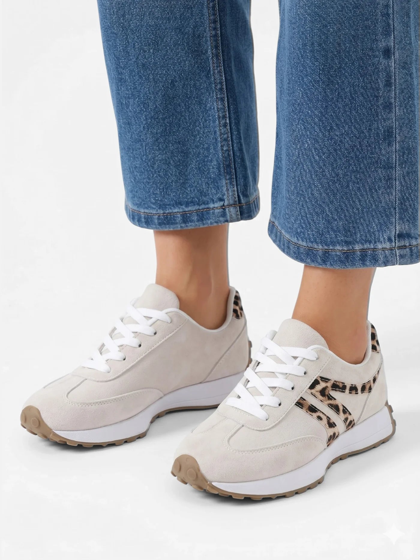 Women's Beige Sneakers with Leopard Print Accents
