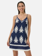 Women's Printed Slip Dress with Contrast Border and Criss-Cross Back