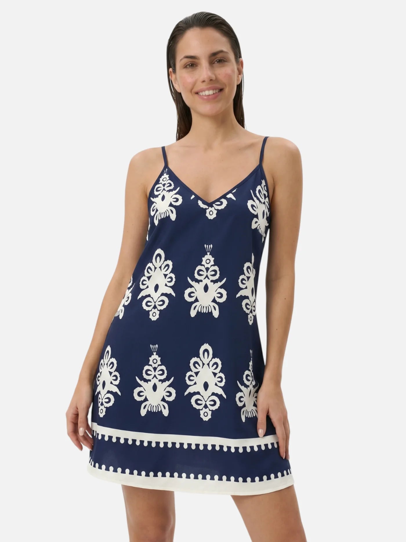 Women's Printed Slip Dress with Contrast Border and Criss-Cross Back