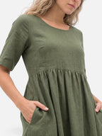 Women's Midi Dress with Linen-Look, Short Sleeves and Pockets