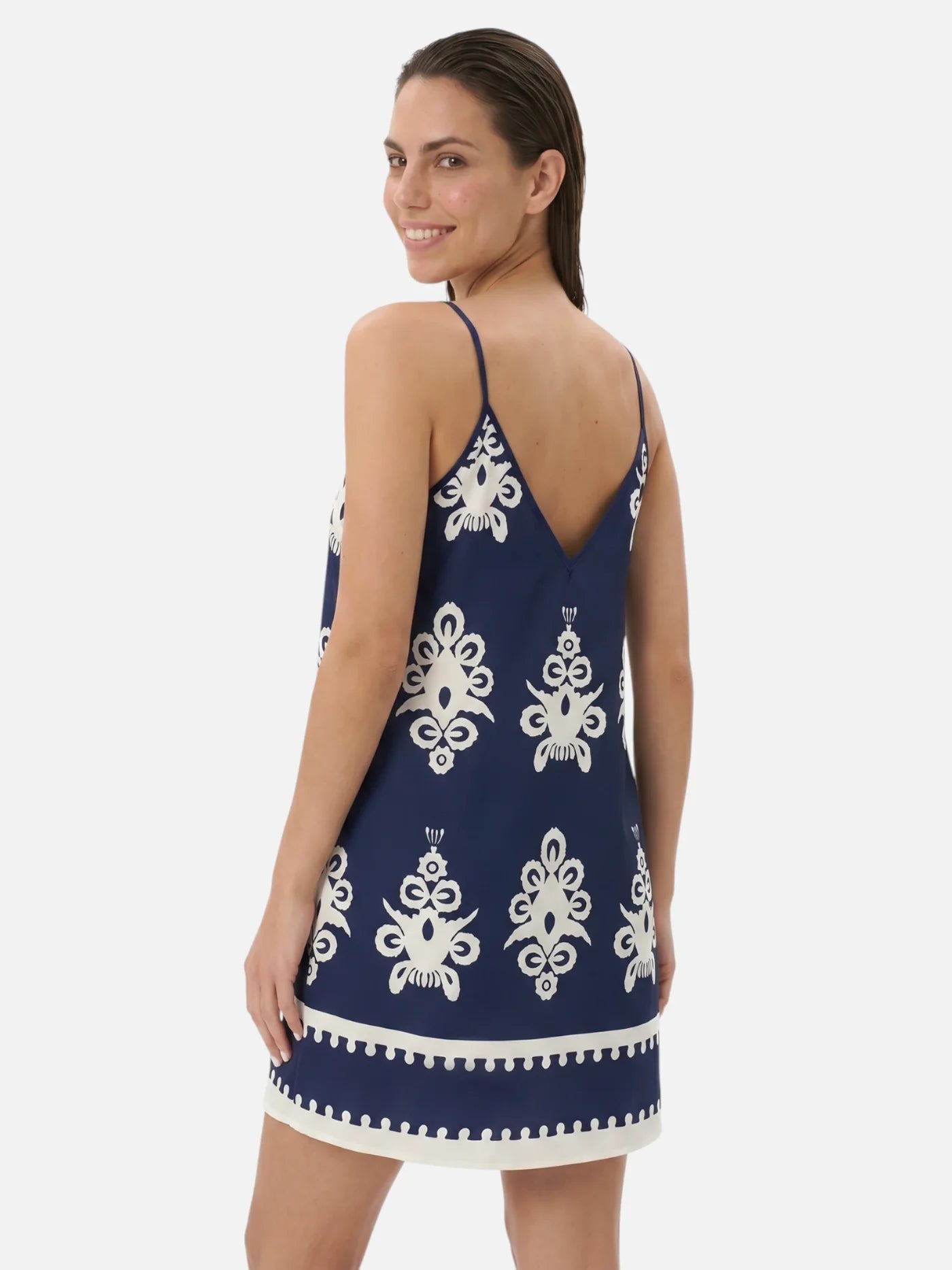 Women's Printed Slip Dress with Contrast Border and Criss-Cross Back