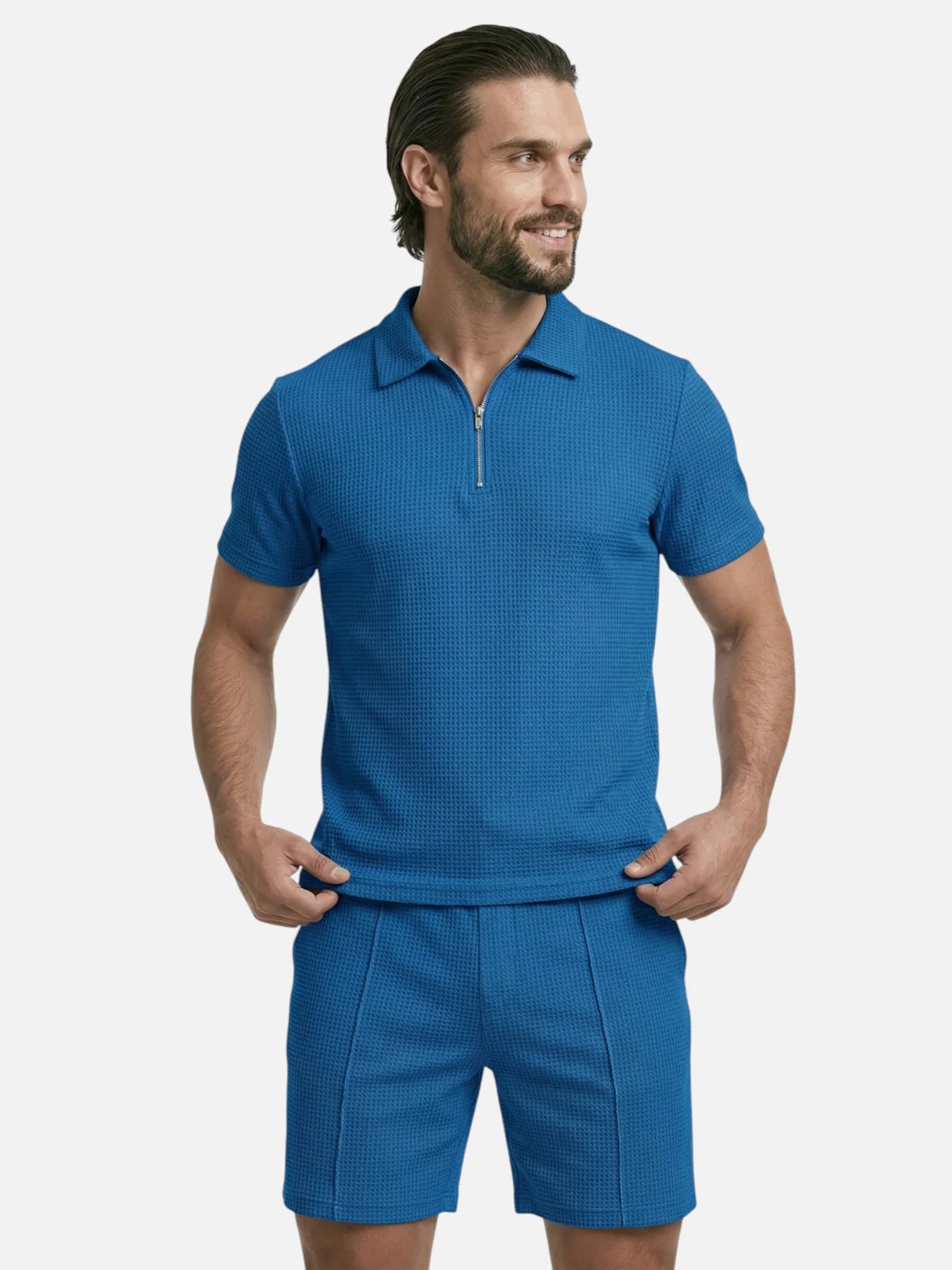 Men’s Textured Summer Set with Short Sleeve Polo and Matching Shorts