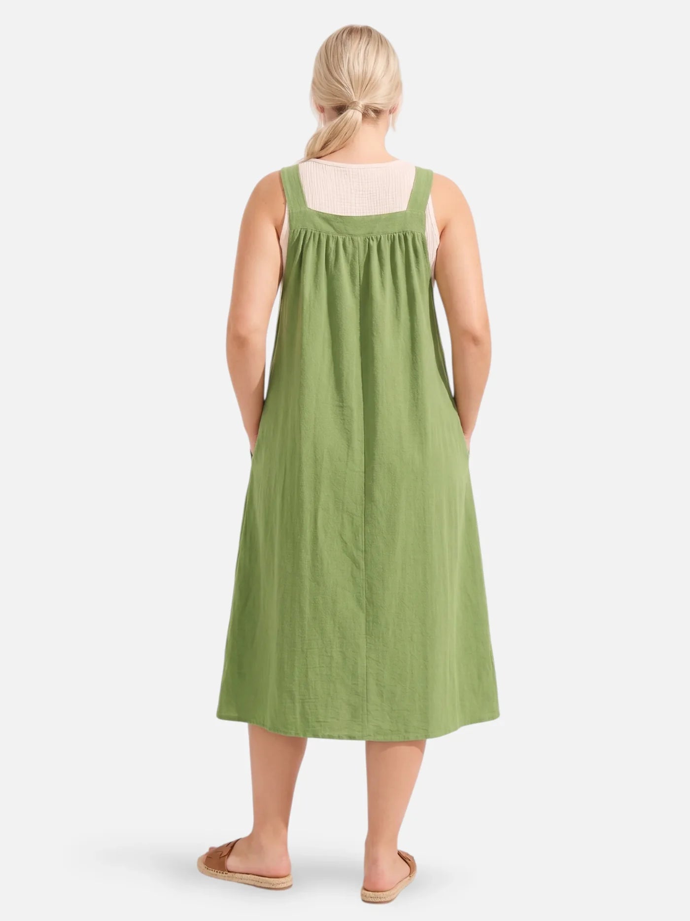 Women's Midi Pinafore Dress with Adjustable Straps and Side Pockets