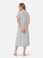 Women's Striped Midi Shirt Dress with Collar and Flared Skirt