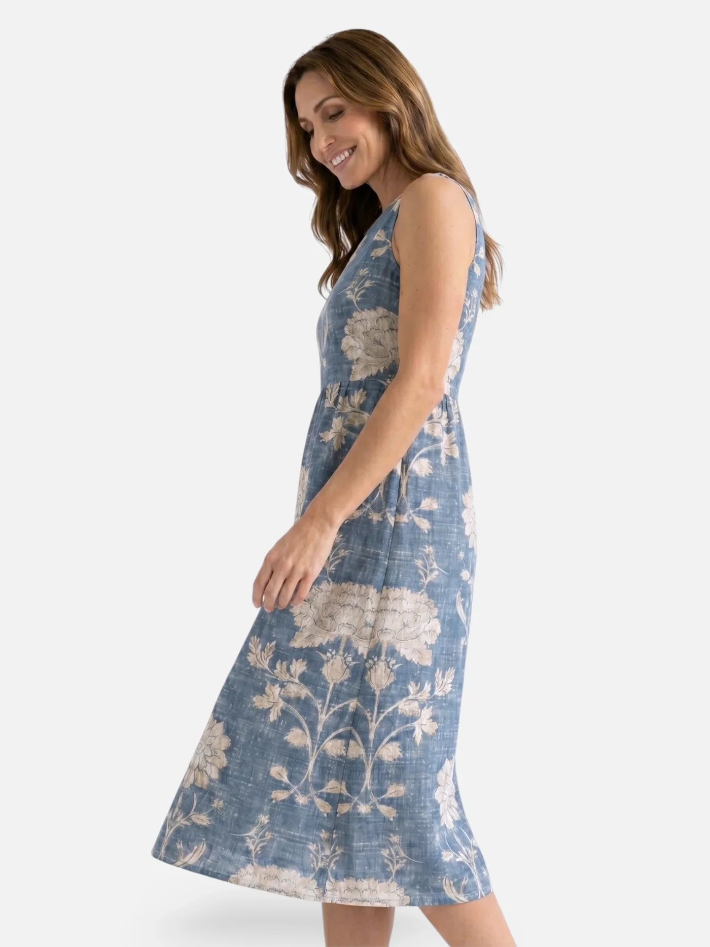 Women's Floral Print Sleeveless Midi Dress with Round Neck
