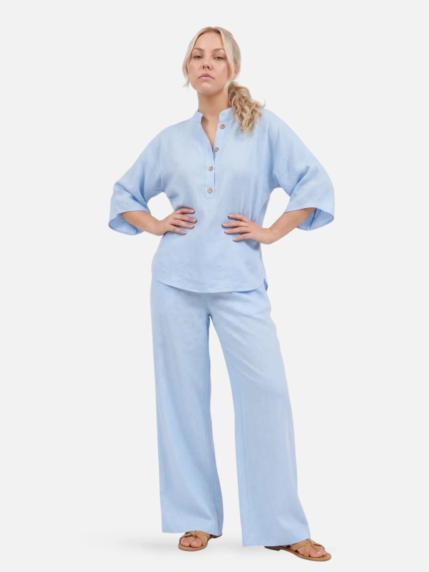 Women’s Matching Set – Relaxed Wide Leg Pants & Button Blouse Set