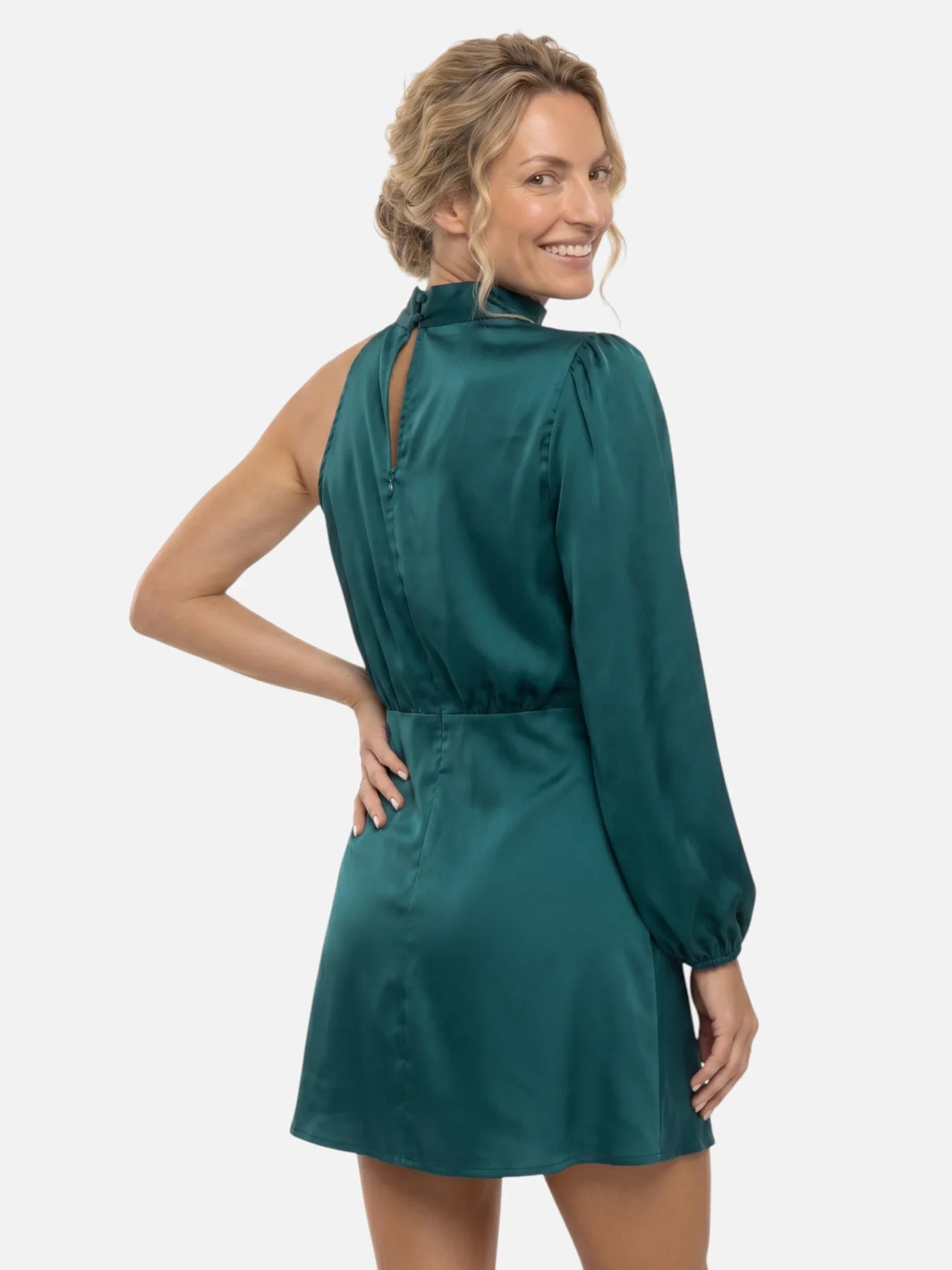 Women's Satin One-Shoulder Mini Dress with Draped Mock Neck