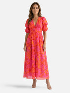 Women's Floral Maxi Dress with Deep V-Neck and Puff Sleeves