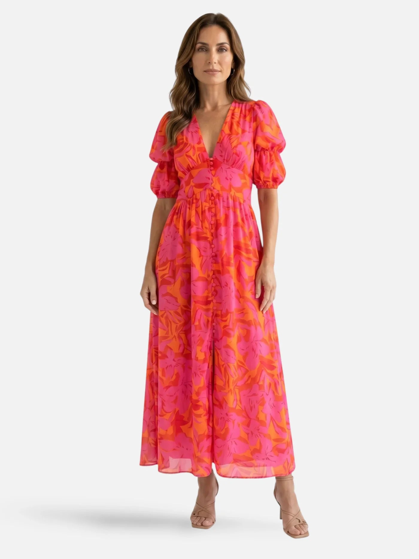 Women's Floral Maxi Dress with Deep V-Neck and Puff Sleeves