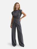 Women’s Two-Piece Set with Asymmetrical Draped Top and Wide-Leg Pants