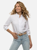 Women's Textured Striped Blouse with Ruffle Details