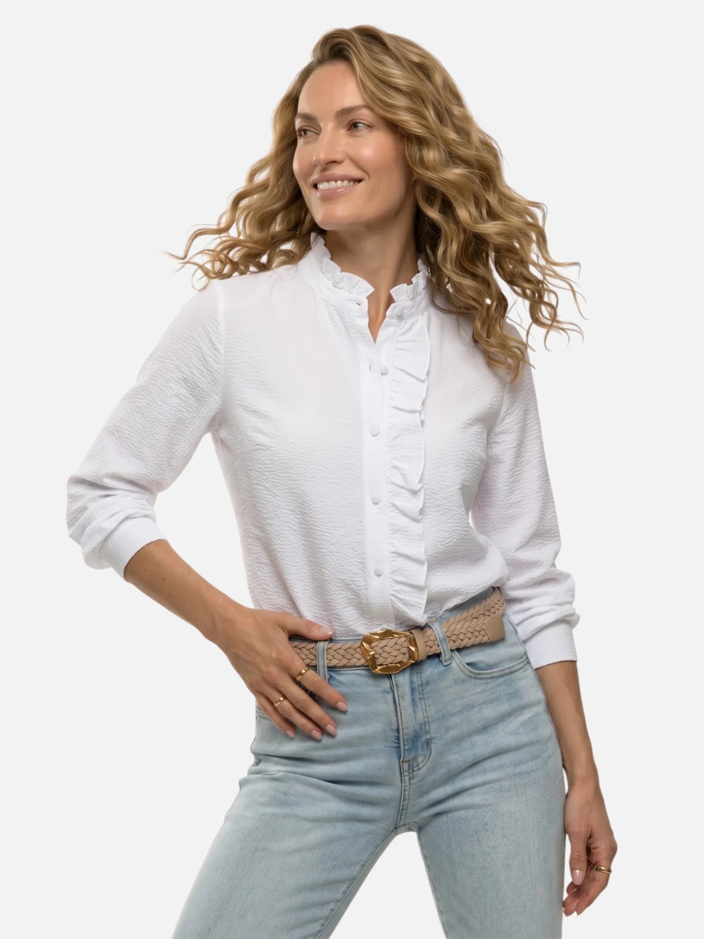 Women's Textured Striped Blouse with Ruffle Details